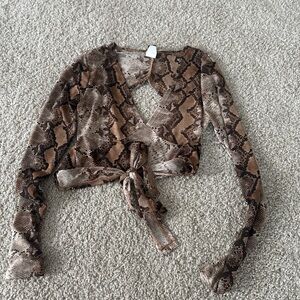 Windsor Brown Snake Print Tie-Front Long Sleeve Crop Top